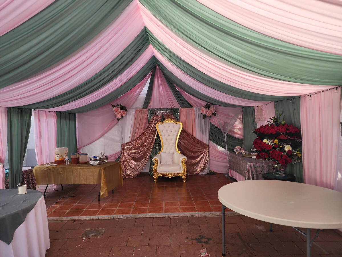 The two colors used in this drape are: Sage Green and Baby Pink